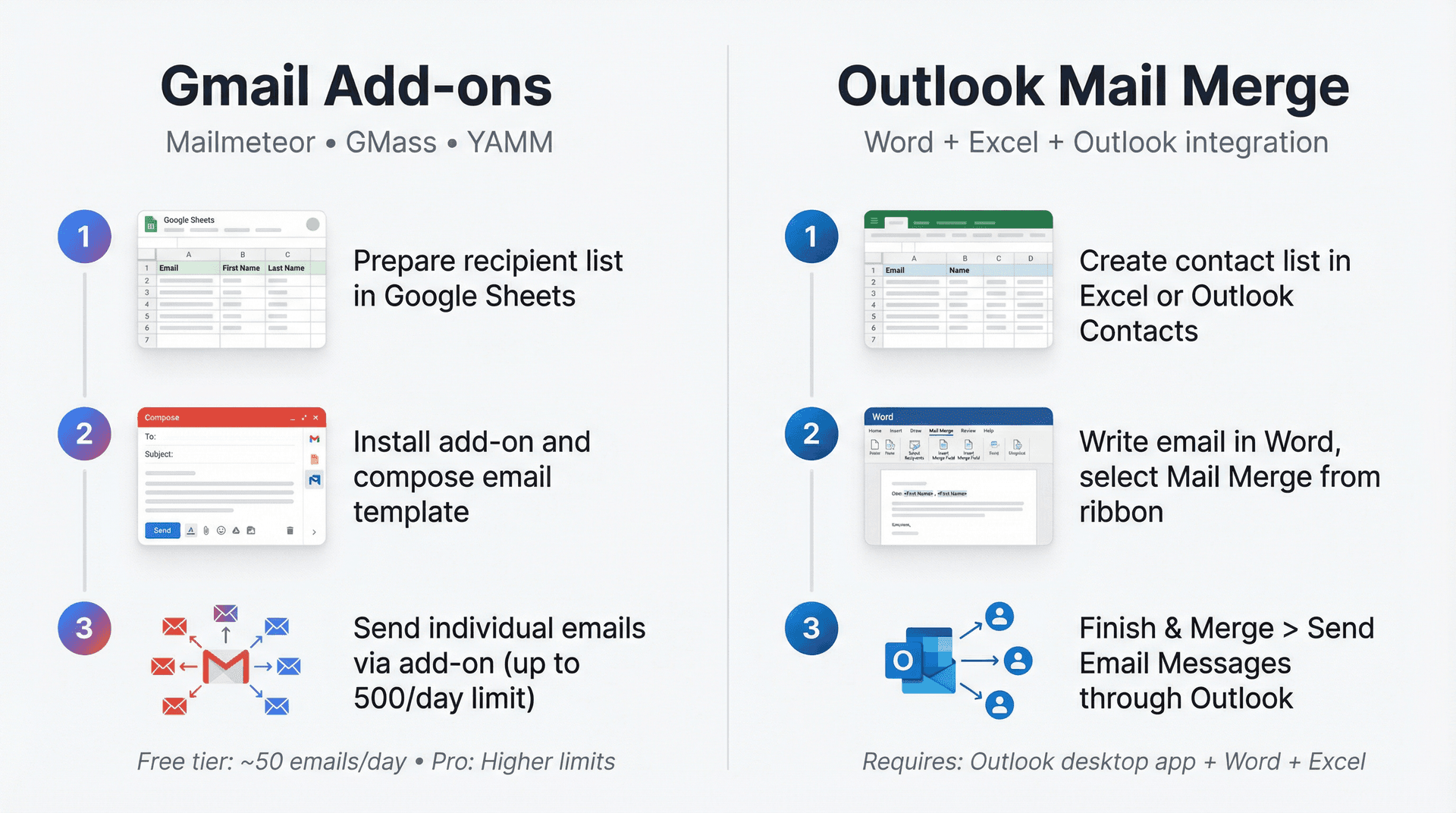 Side-by-side comparison of Gmail add-on mail merge workflow versus Outlook mail merge setup process